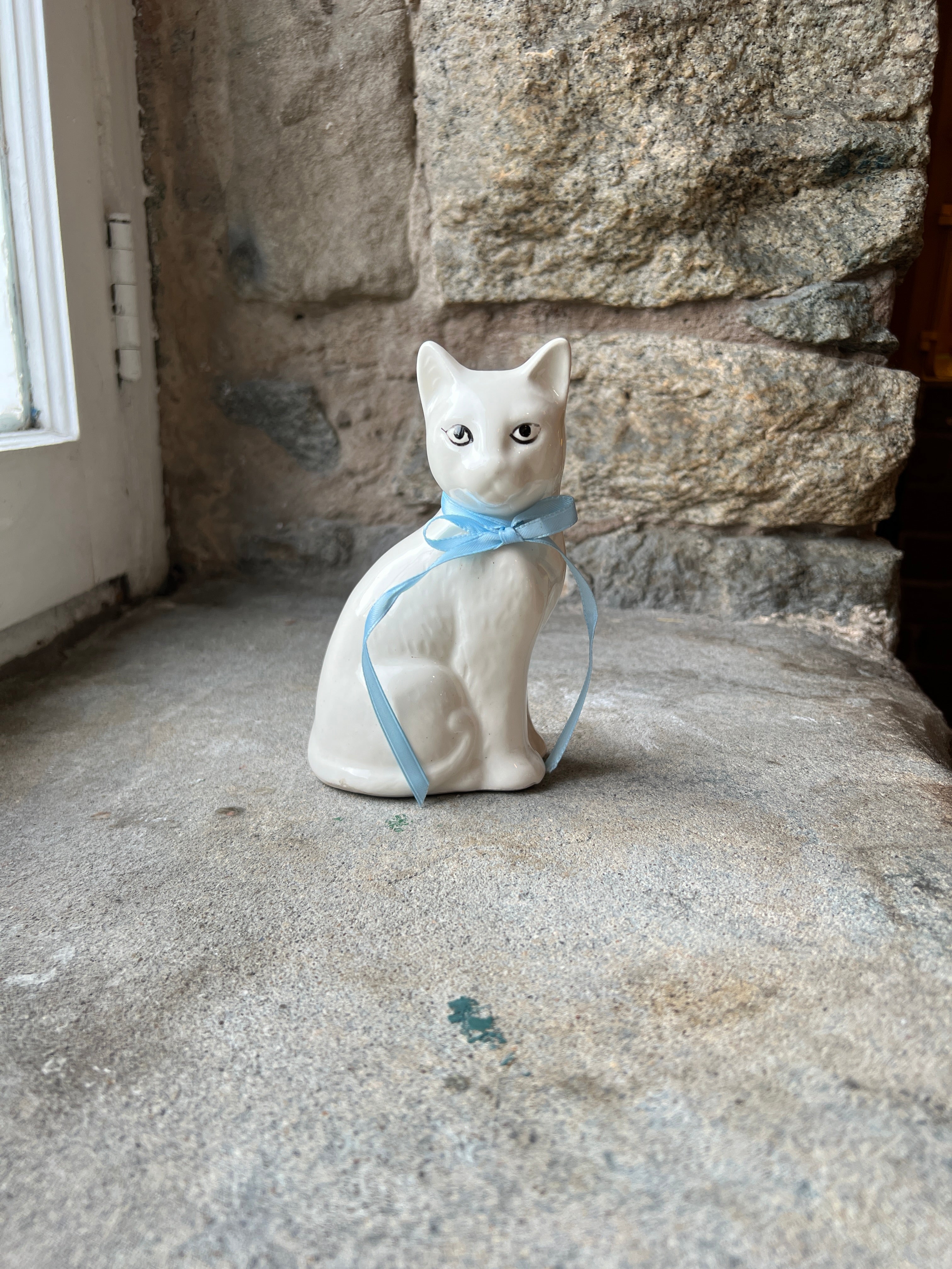 White Ceramic Cat with Bow