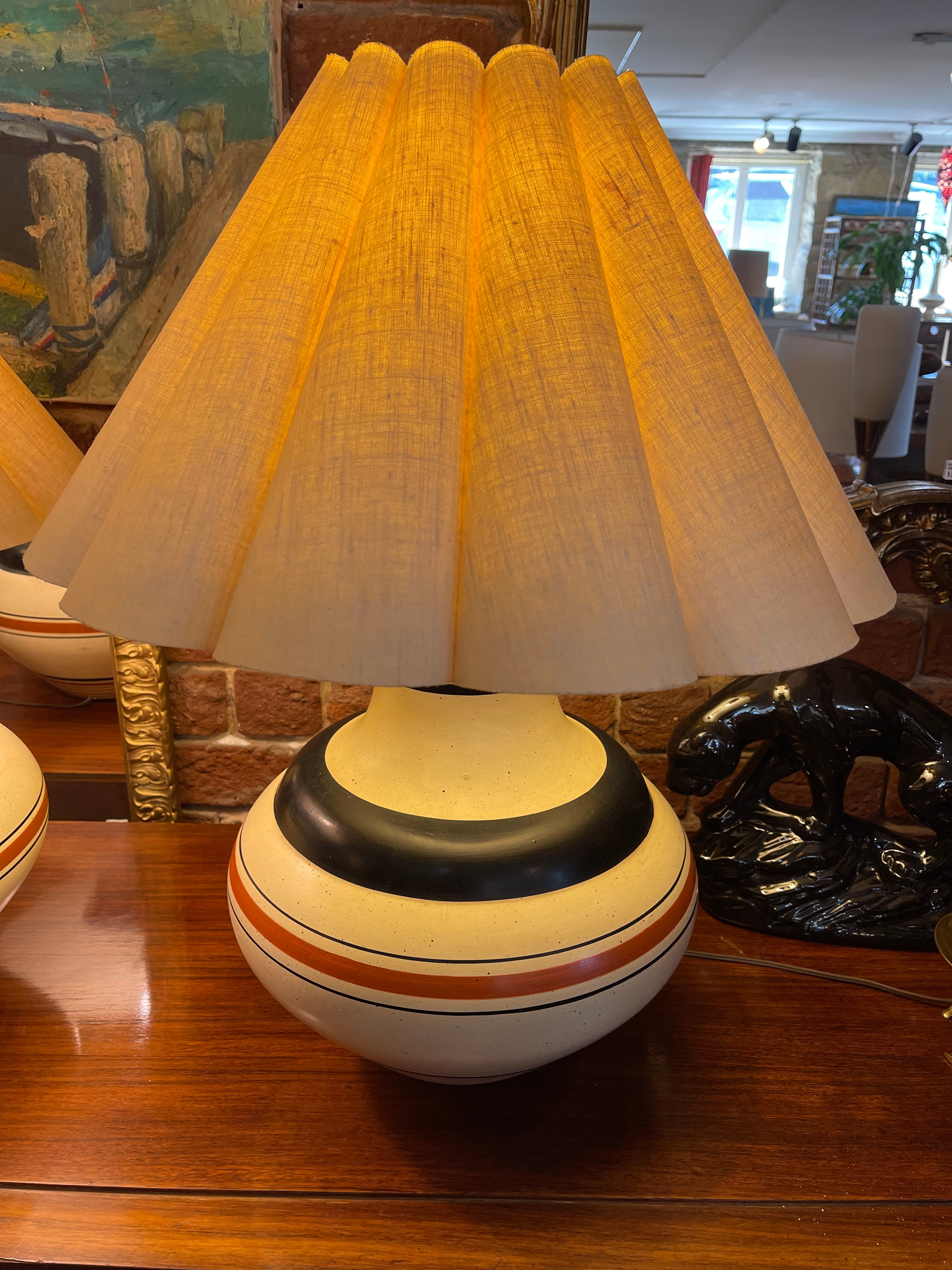 Large Round Pottery Lamp Pair