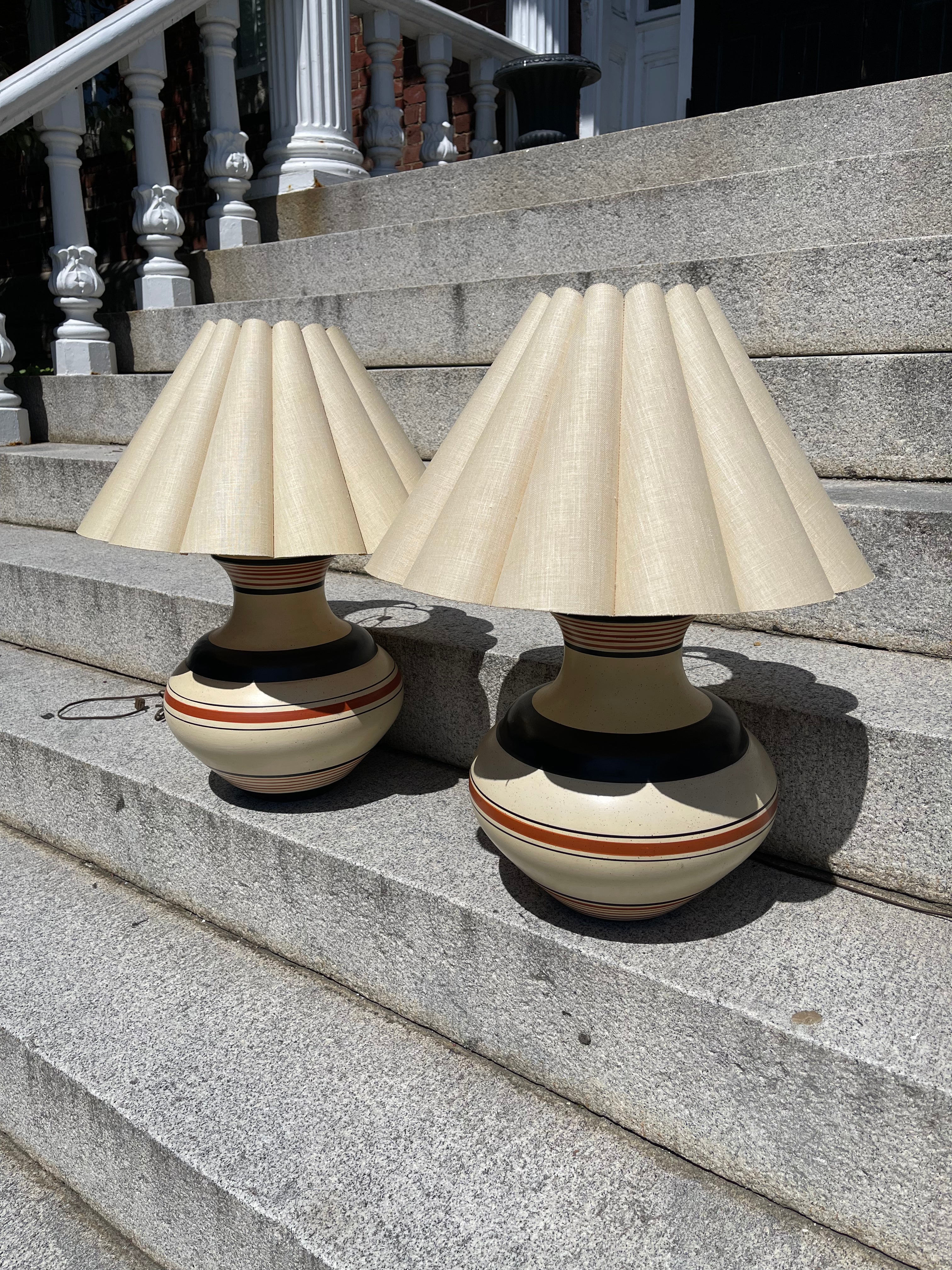 Large Round Pottery Lamp Pair