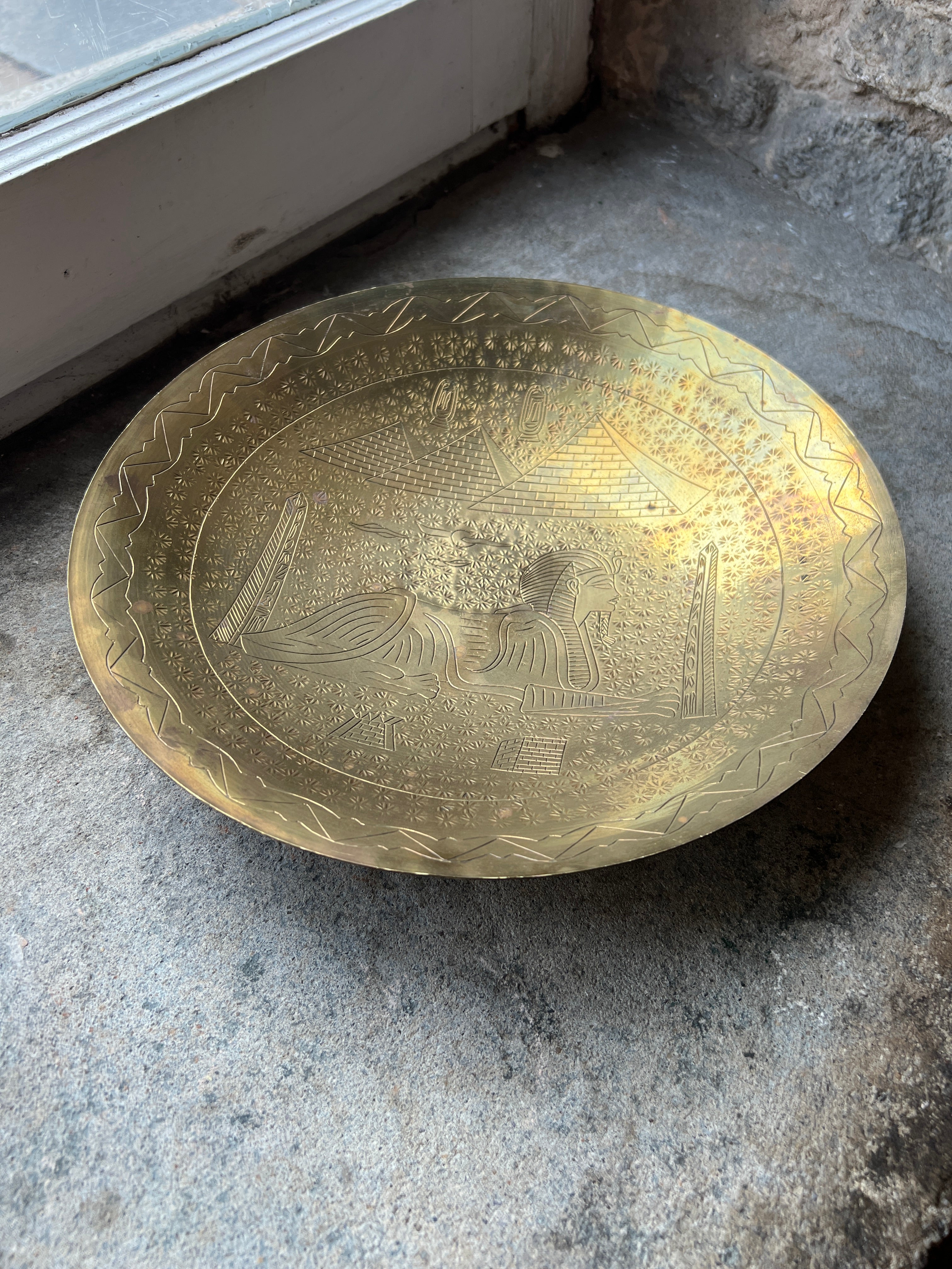 Etched Egyptian Brass Dish with Stand