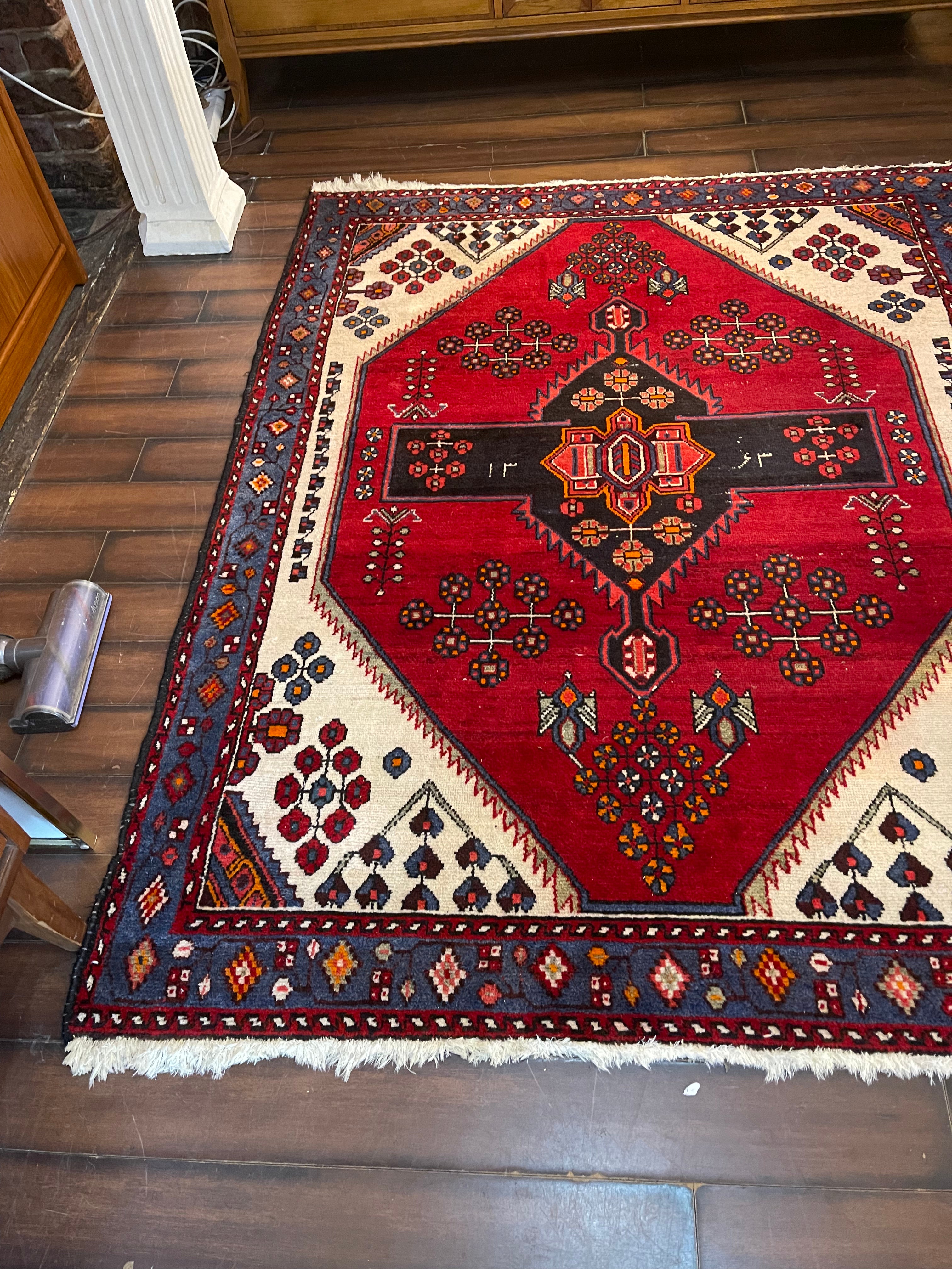 Blue, Red and Cream Hand Knotted Oriental Rug