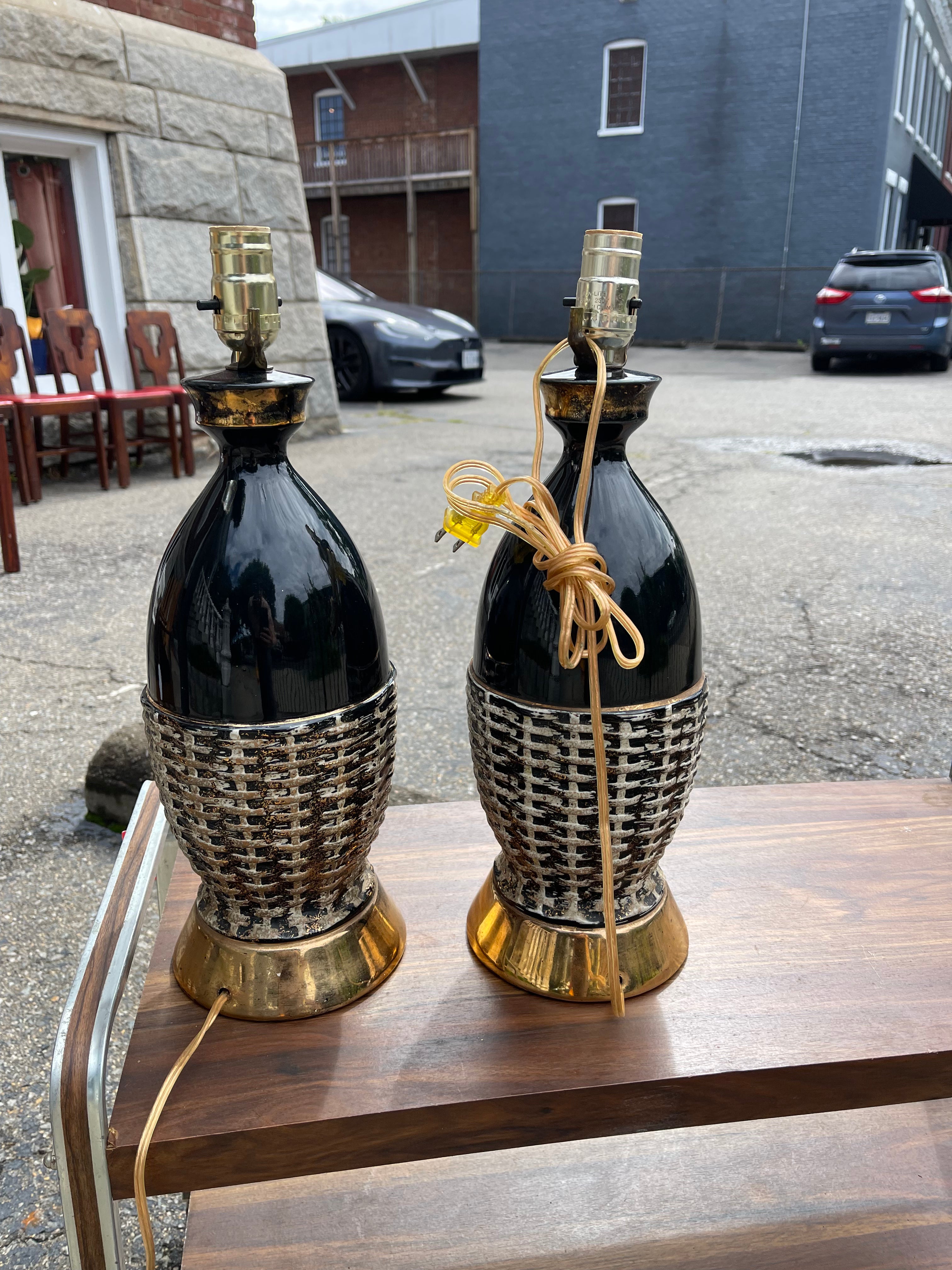 Ceramic Basketweave Black & Gold Lamp Pair