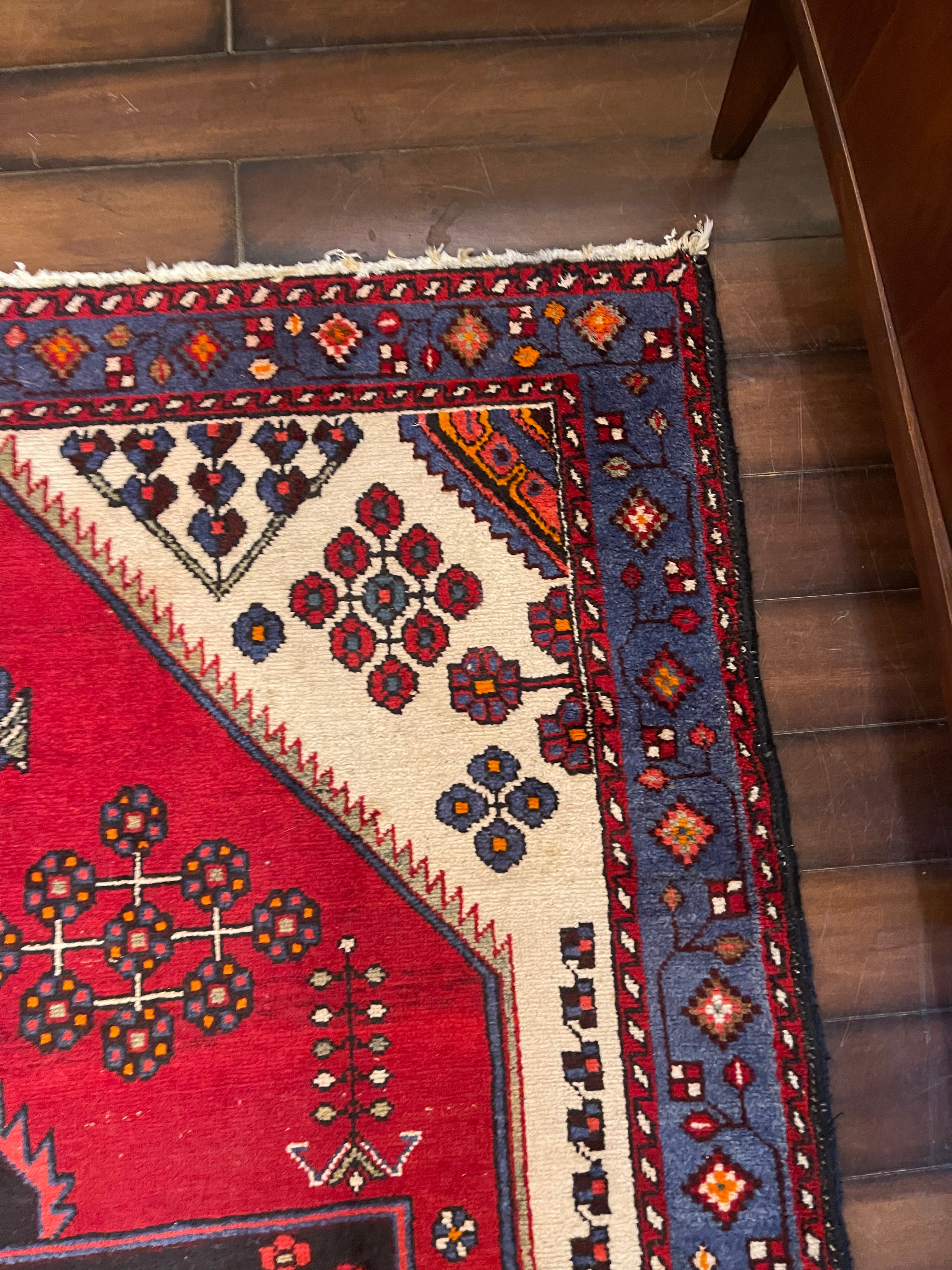 Blue, Red, & Cream Hand Knotted Rug | 5' x 6’3”